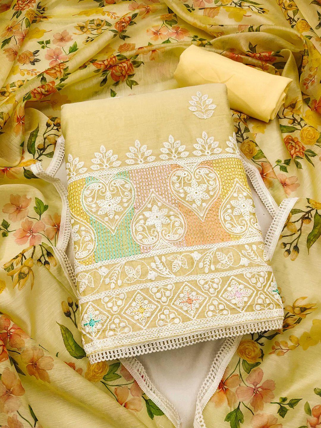 kalini yellow & white embroidered art silk unstitched dress material
