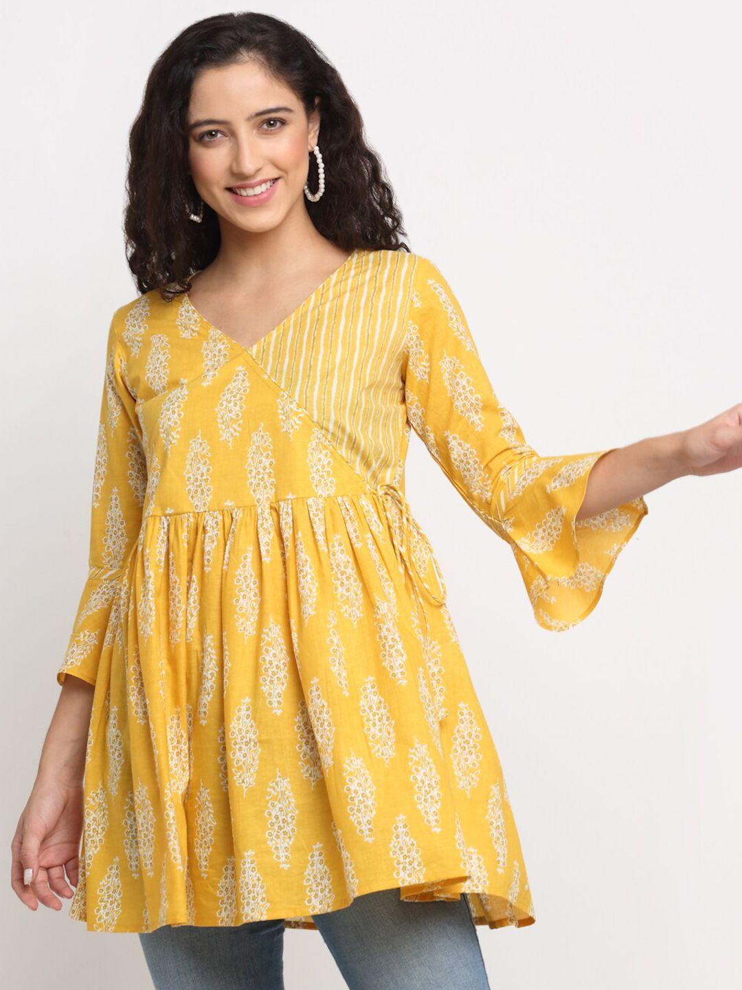 kalini yellow & white floral printed empire longline top