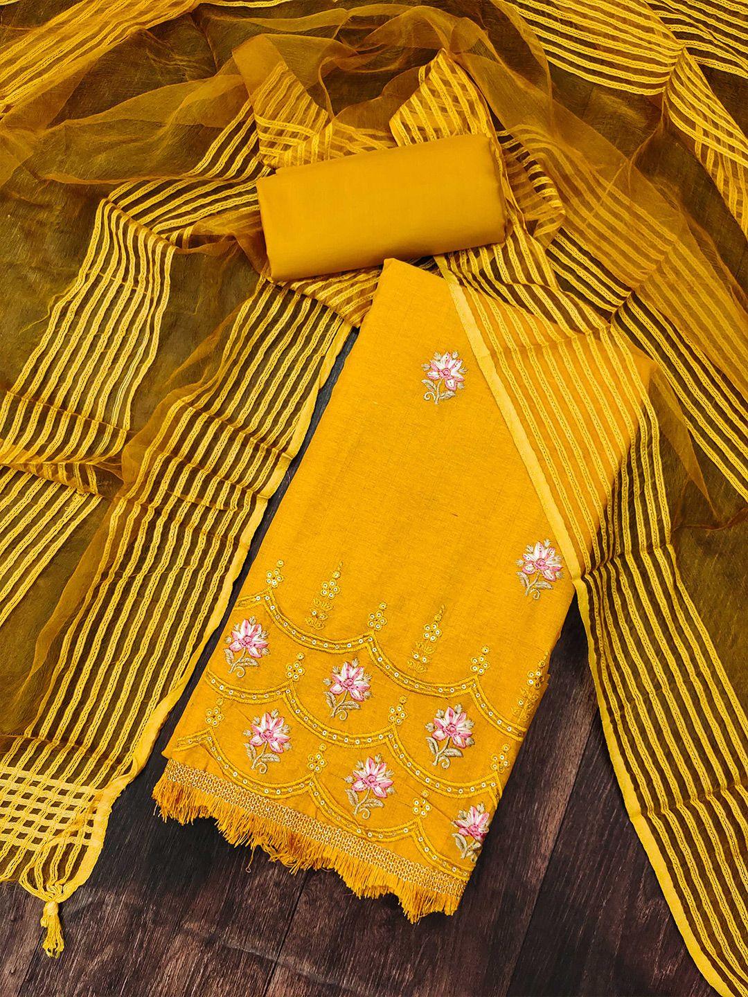kalini yellow & yellow embroidered pure cotton unstitched dress material