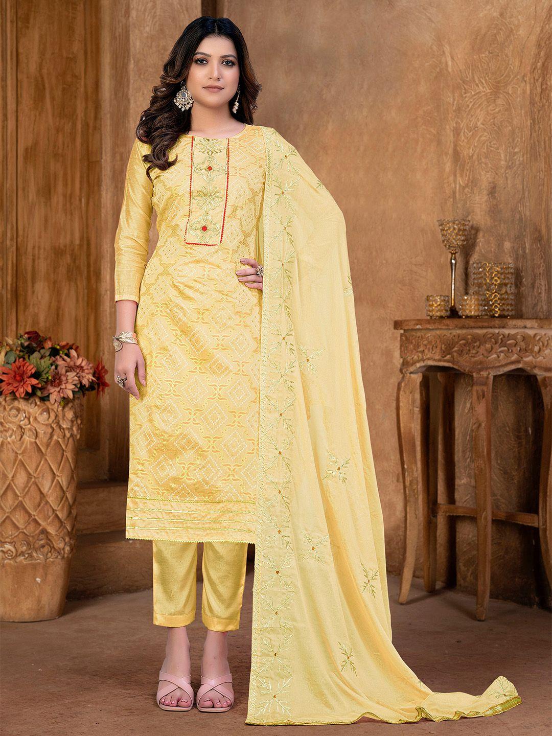 kalini yellow & yellow embroidered unstitched dress material