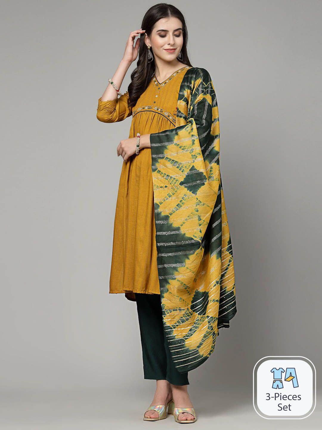 kalini yellow floral empire zardozi kurta with trousers & dupatta