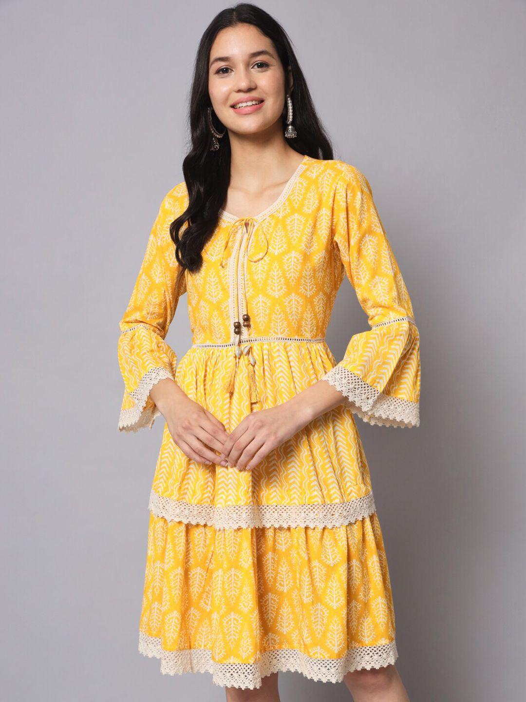 kalini yellow floral print tie-up neck bell sleeve fit & flare dress