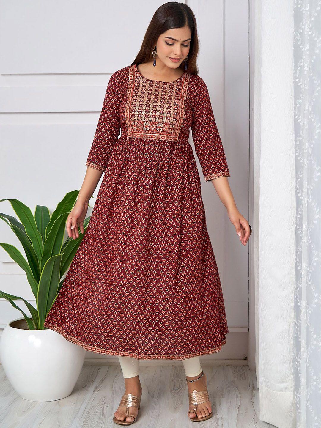 kalini yoke design sequinned floral printed pure cotton a-line kurta