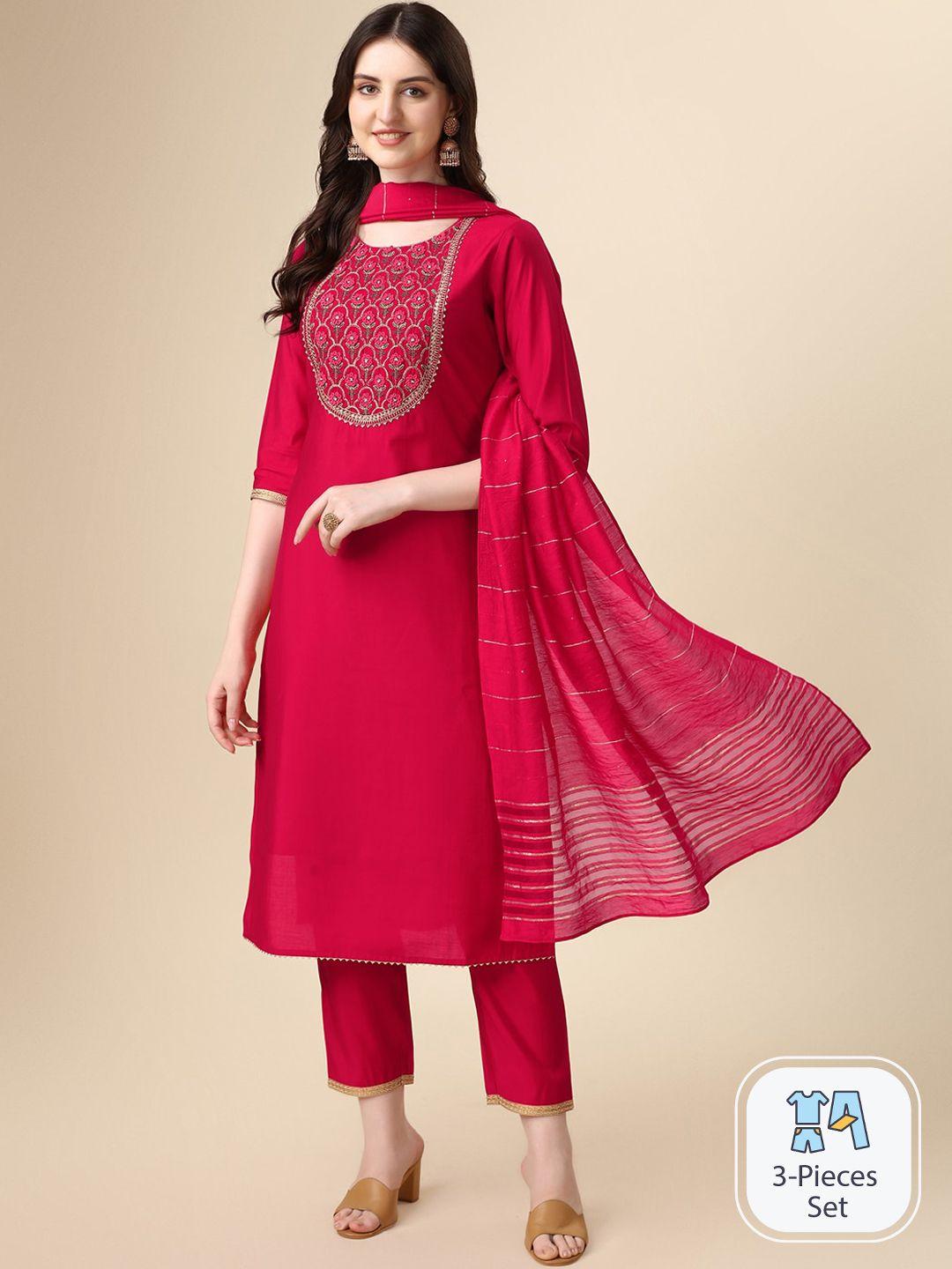 kalini yoke design thread work gotta patti chanderi cotton kurta with trousers & dupatta