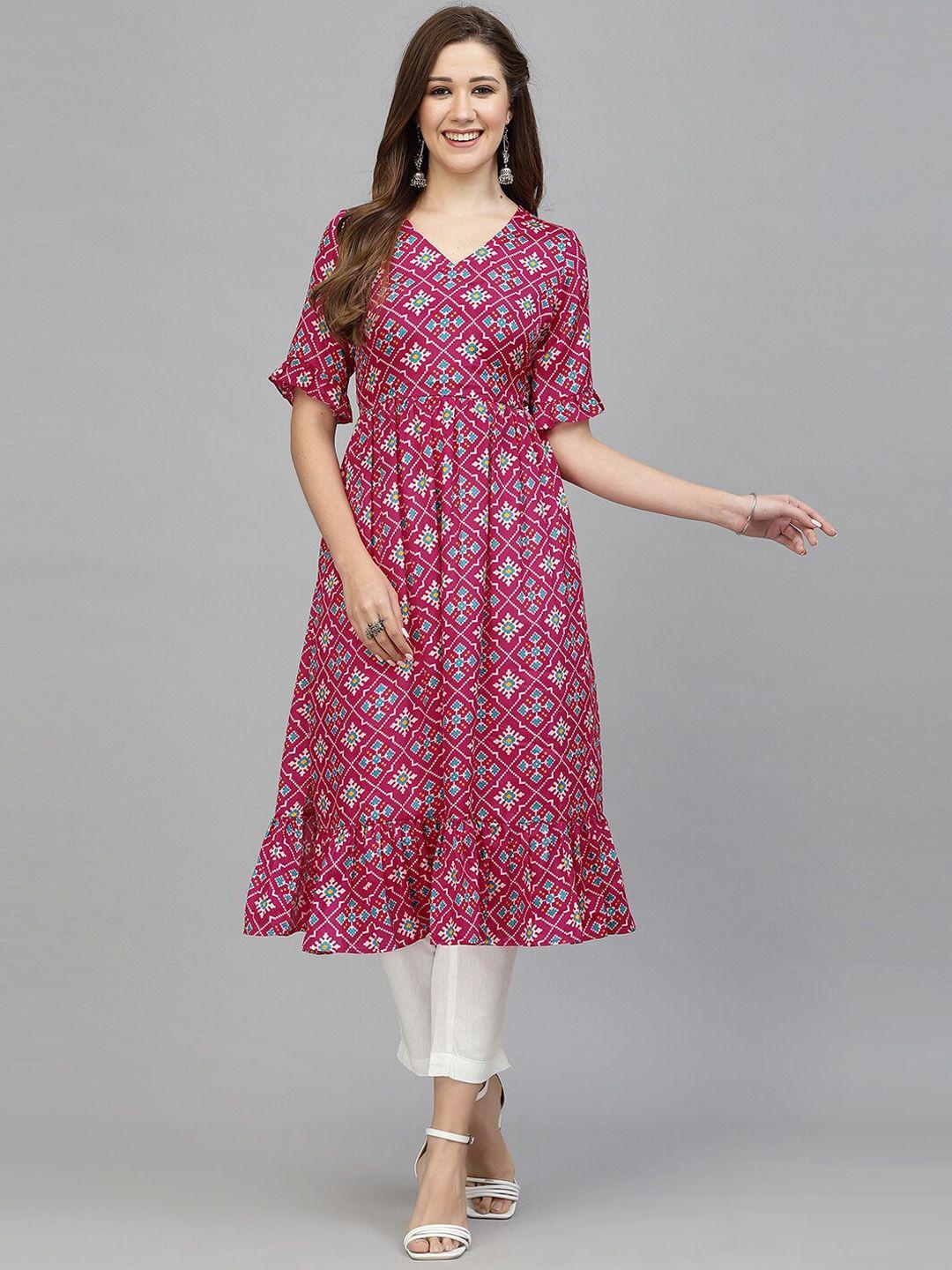 kalinigeometric printed v-neck cotton silk anarkali kurta