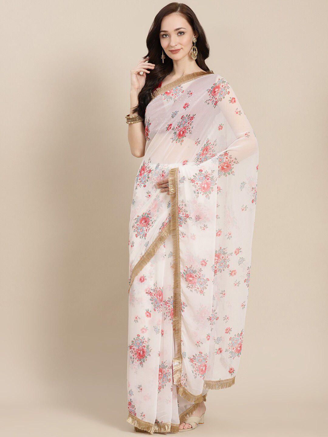 kalista off white & red floral pure georgette saree