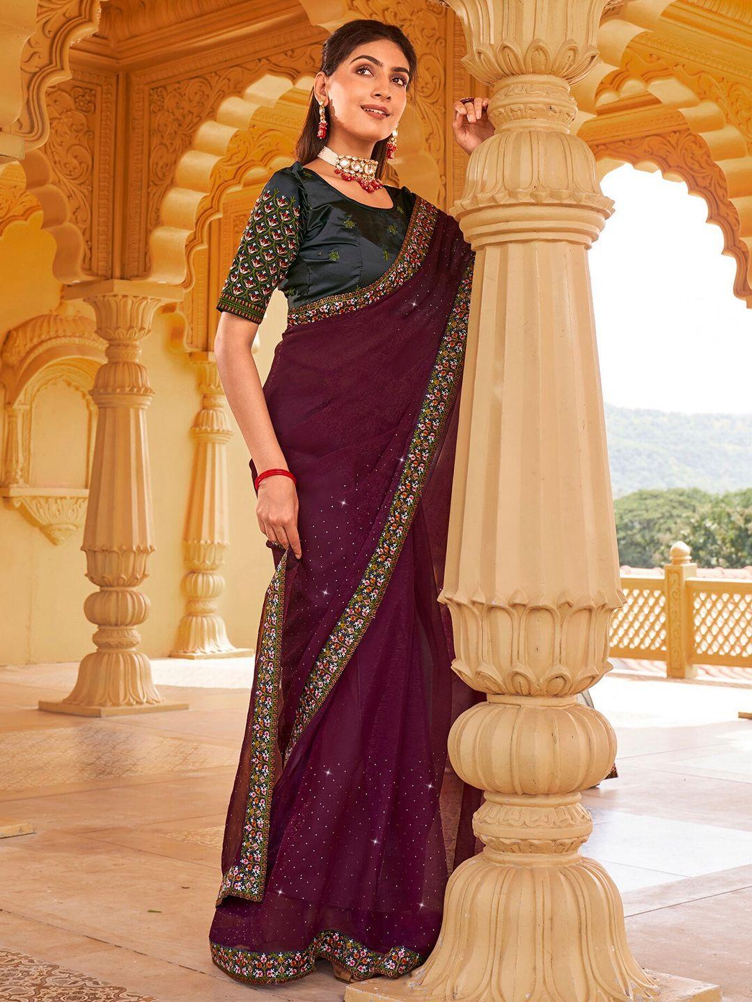 kalista purple embellished beads and stones pure chiffon designer saree