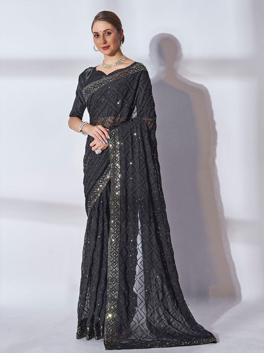 kalista black & gold-toned embellished sequined pure georgette saree