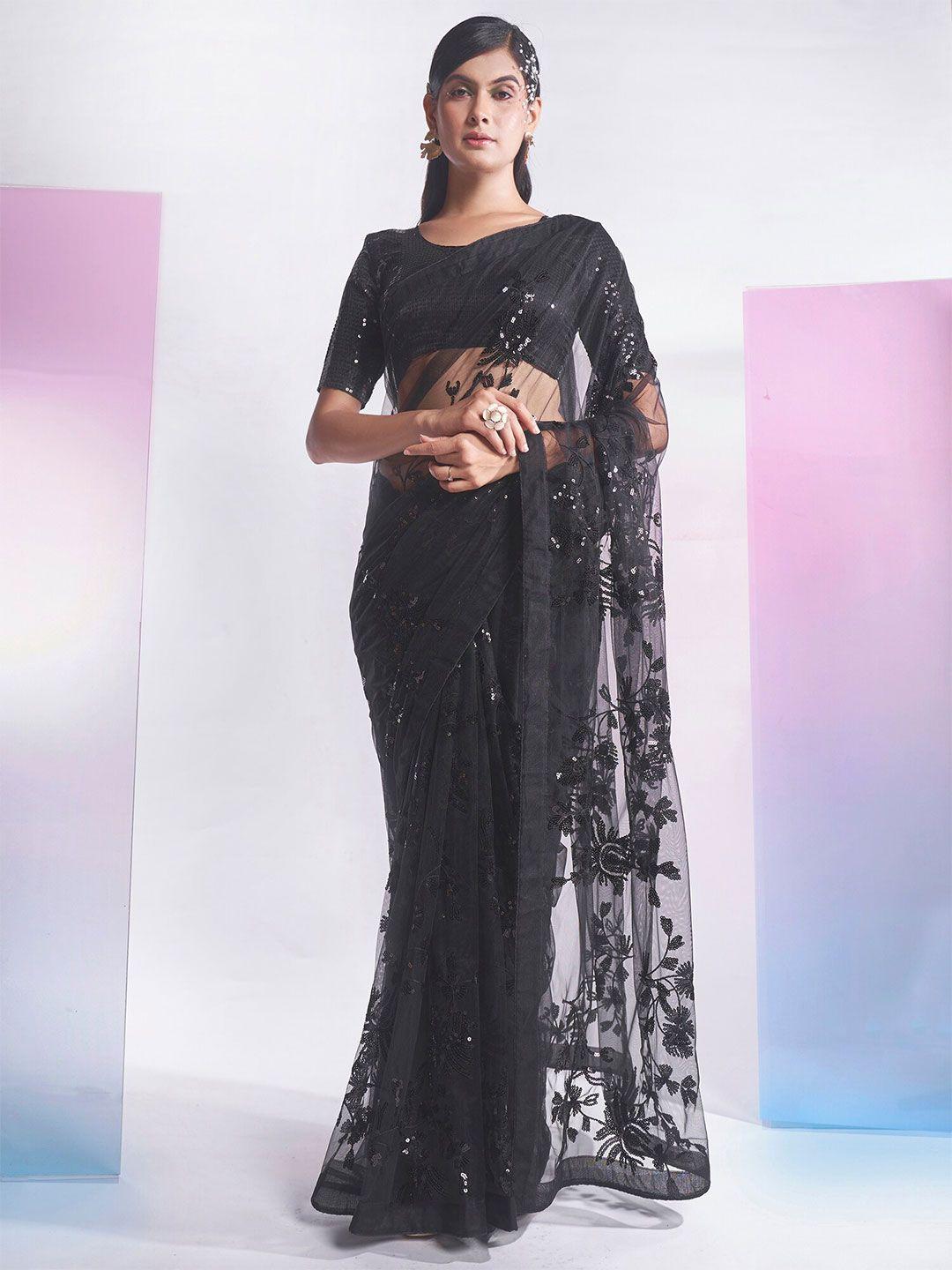 kalista black & silver-toned floral sequinned net saree