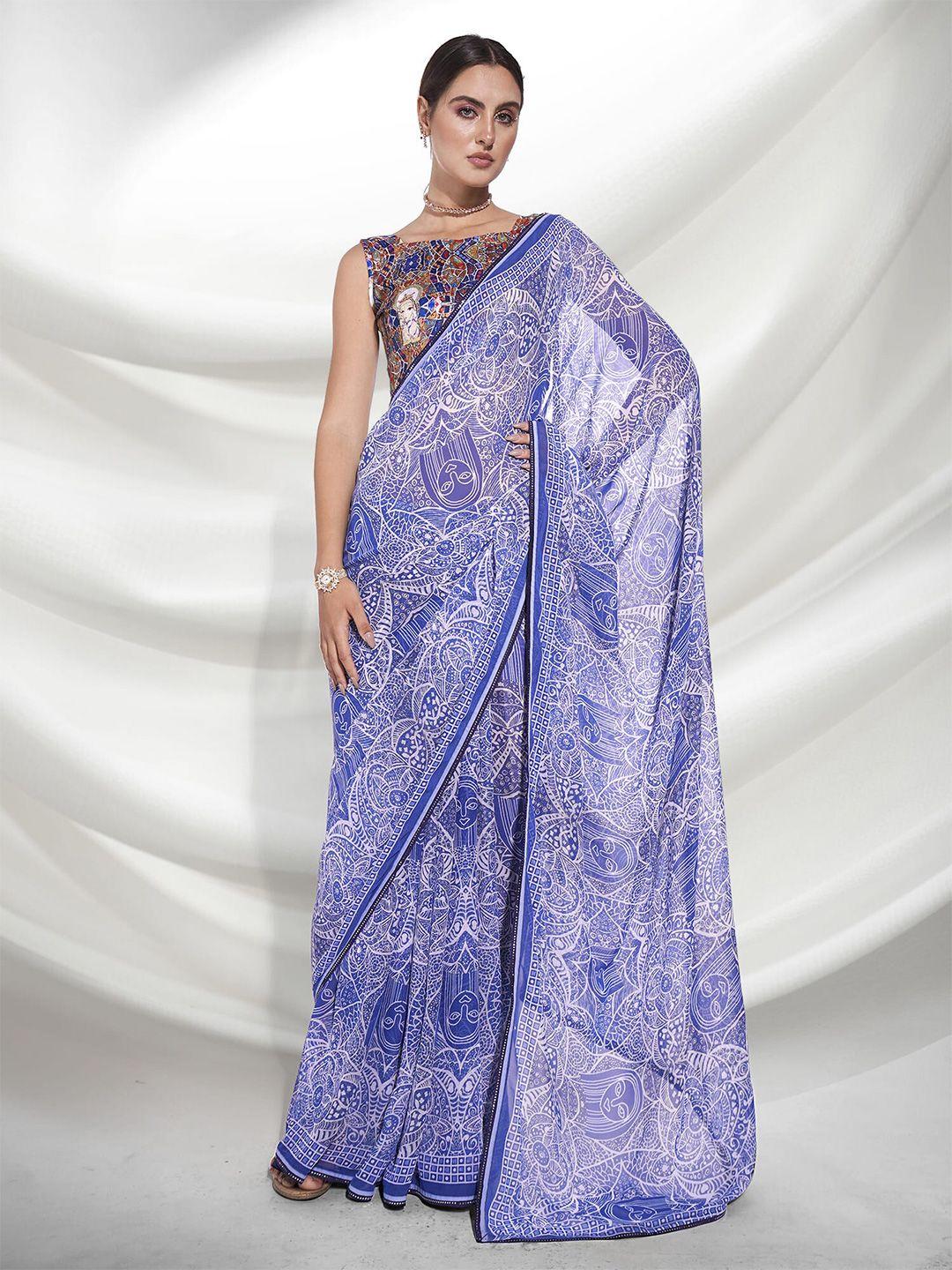 kalista blue & white ethnic motifs printed pure georgette saree