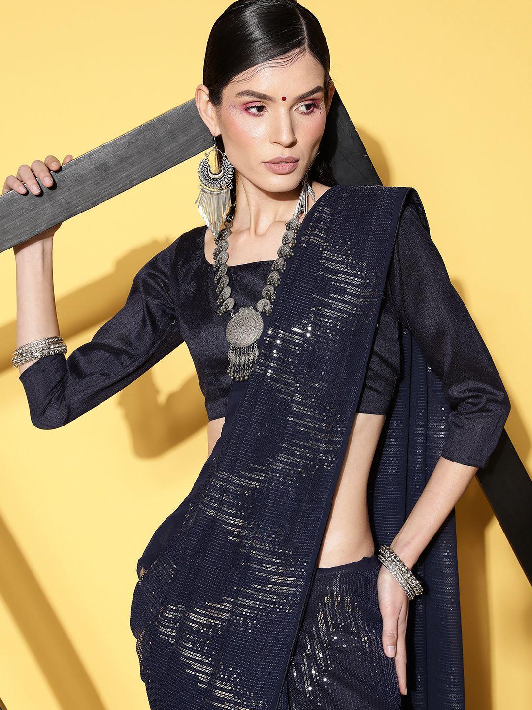 kalista embellished striped sequinned saree