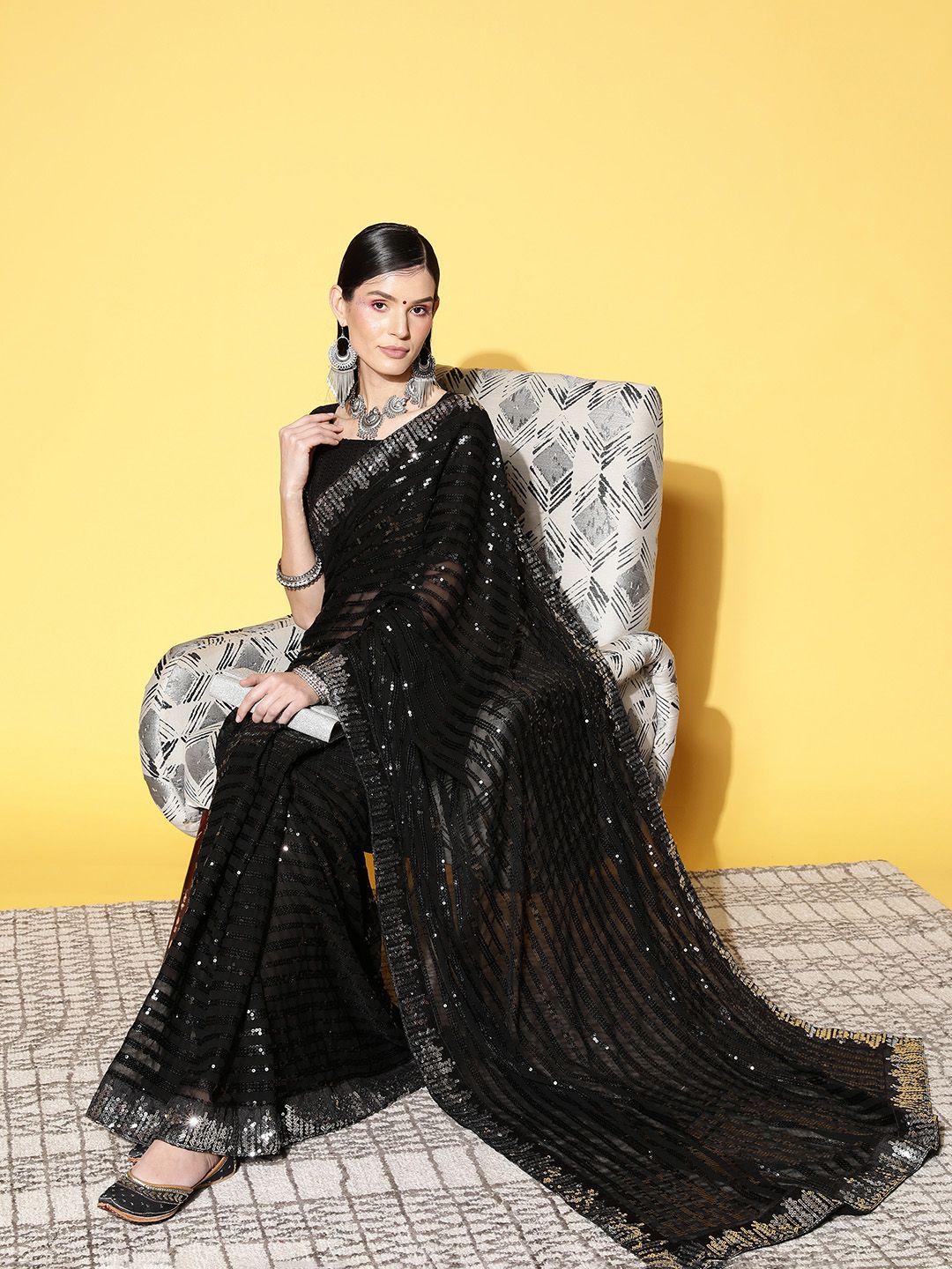 kalista embellished striped sequinned saree