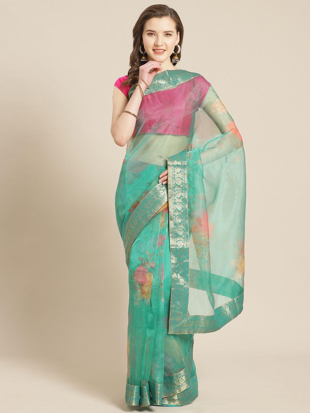 kalista green & pink floral printed saree