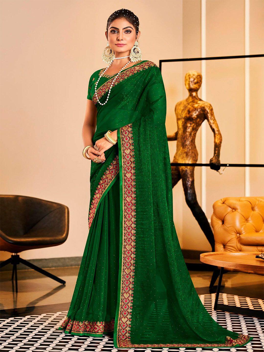 kalista green embellished beads and stones pure chiffon designer saree