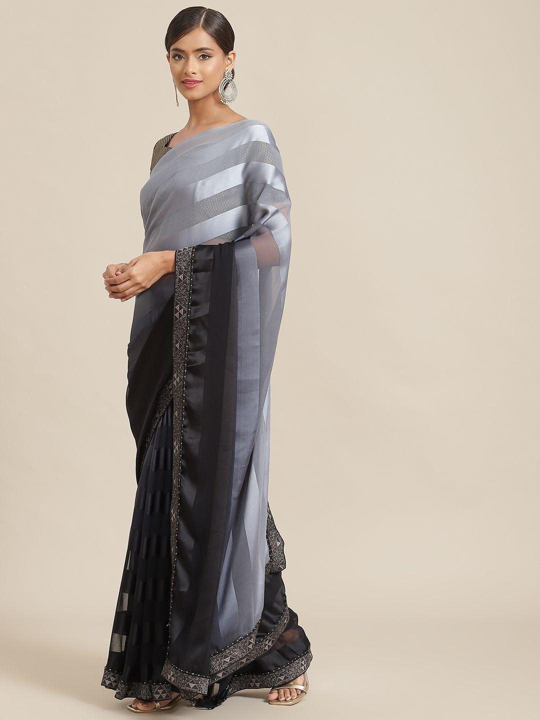 kalista grey & black satin striped saree