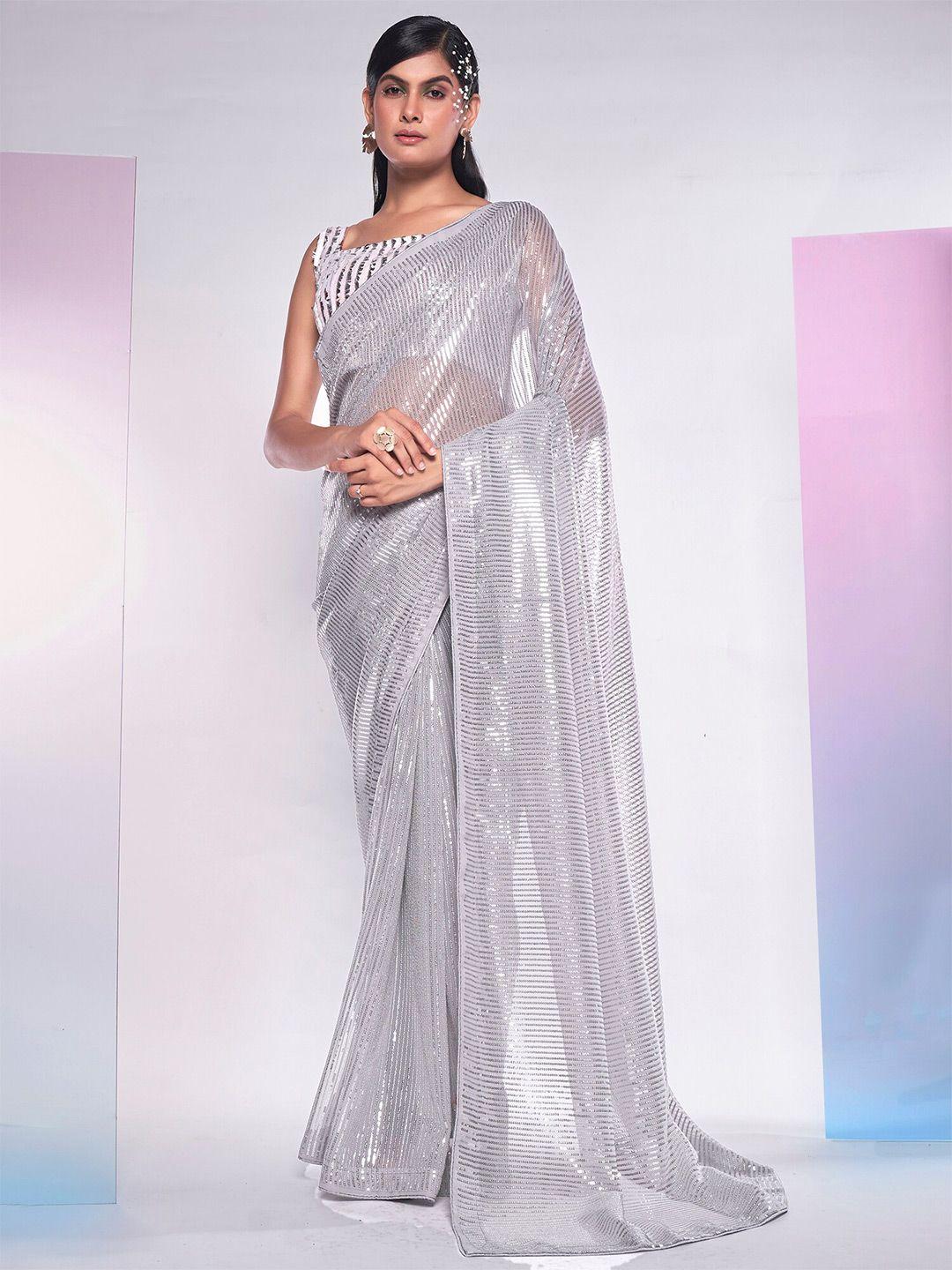 kalista grey & silver-toned embellished sequinned pure georgette saree