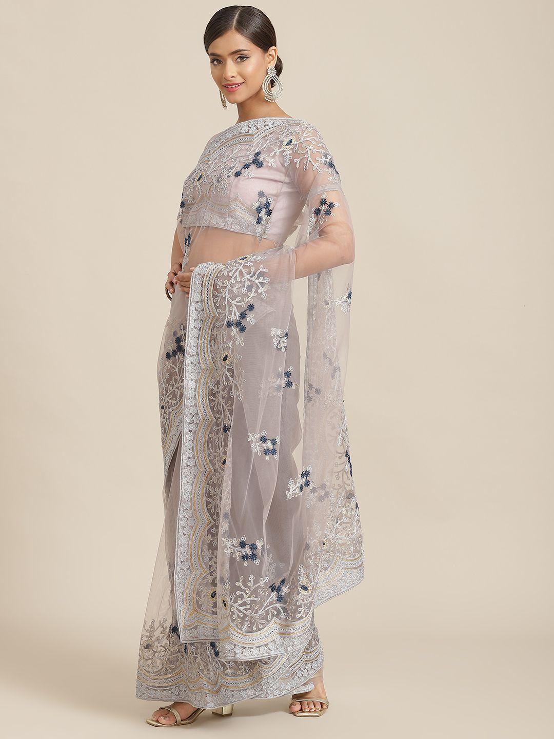 kalista grey embroidered floral net saree