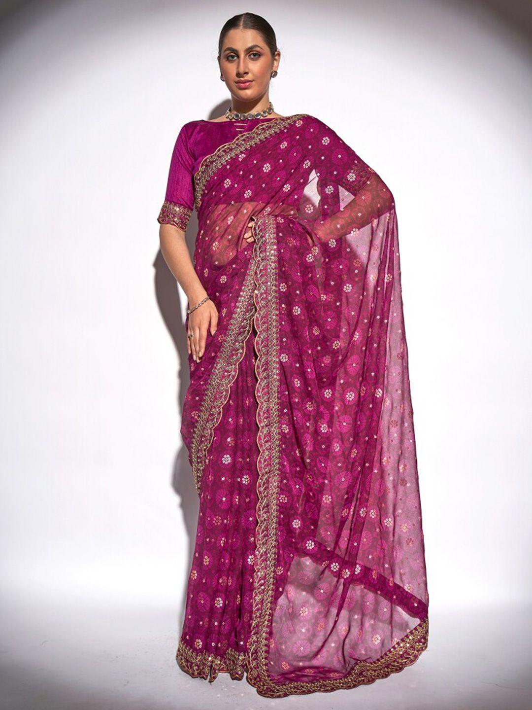 kalista magenta & white bandhani printed sequined pure georgette saree