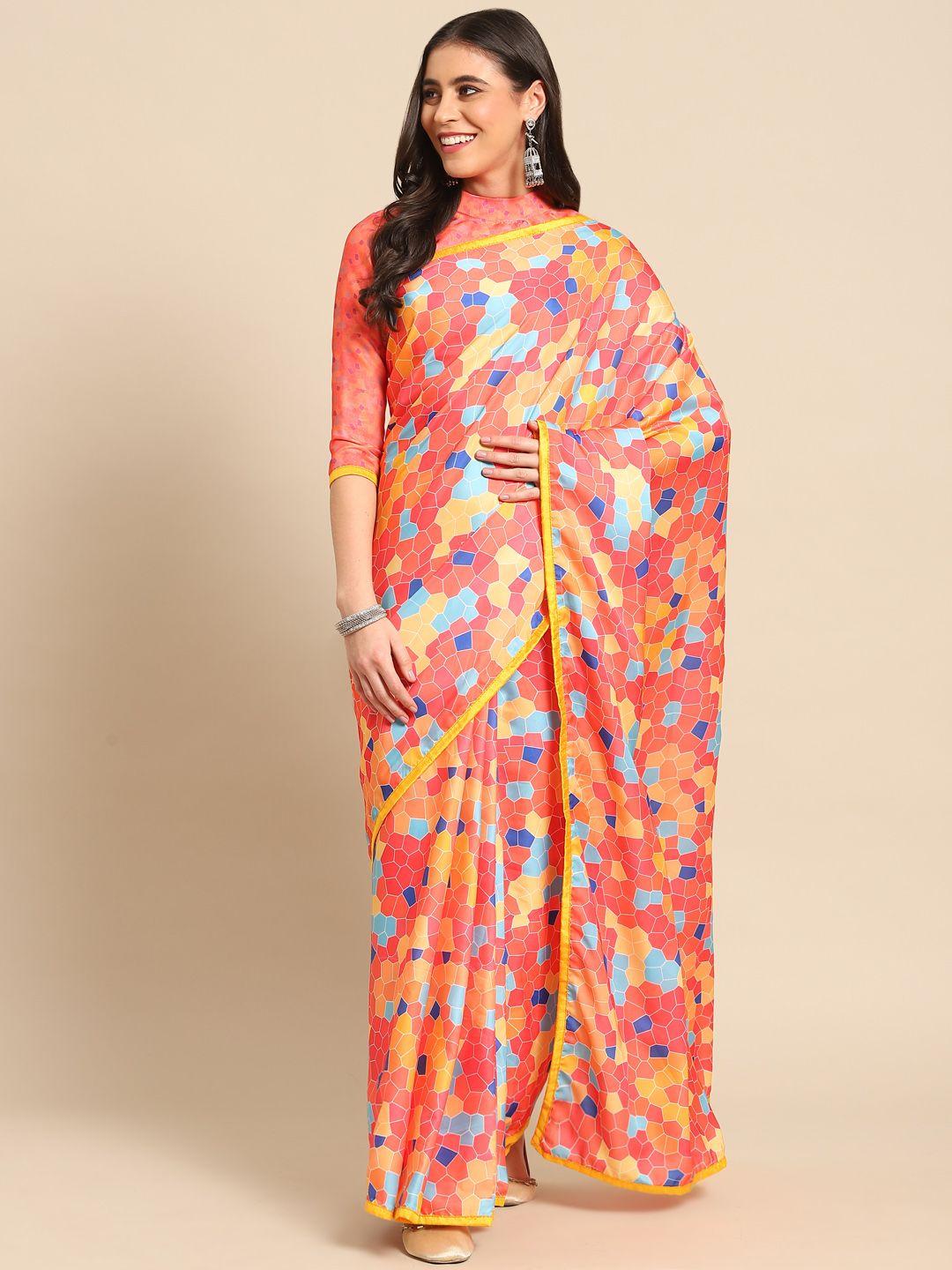 kalista multicoloured geometric printed satin saree