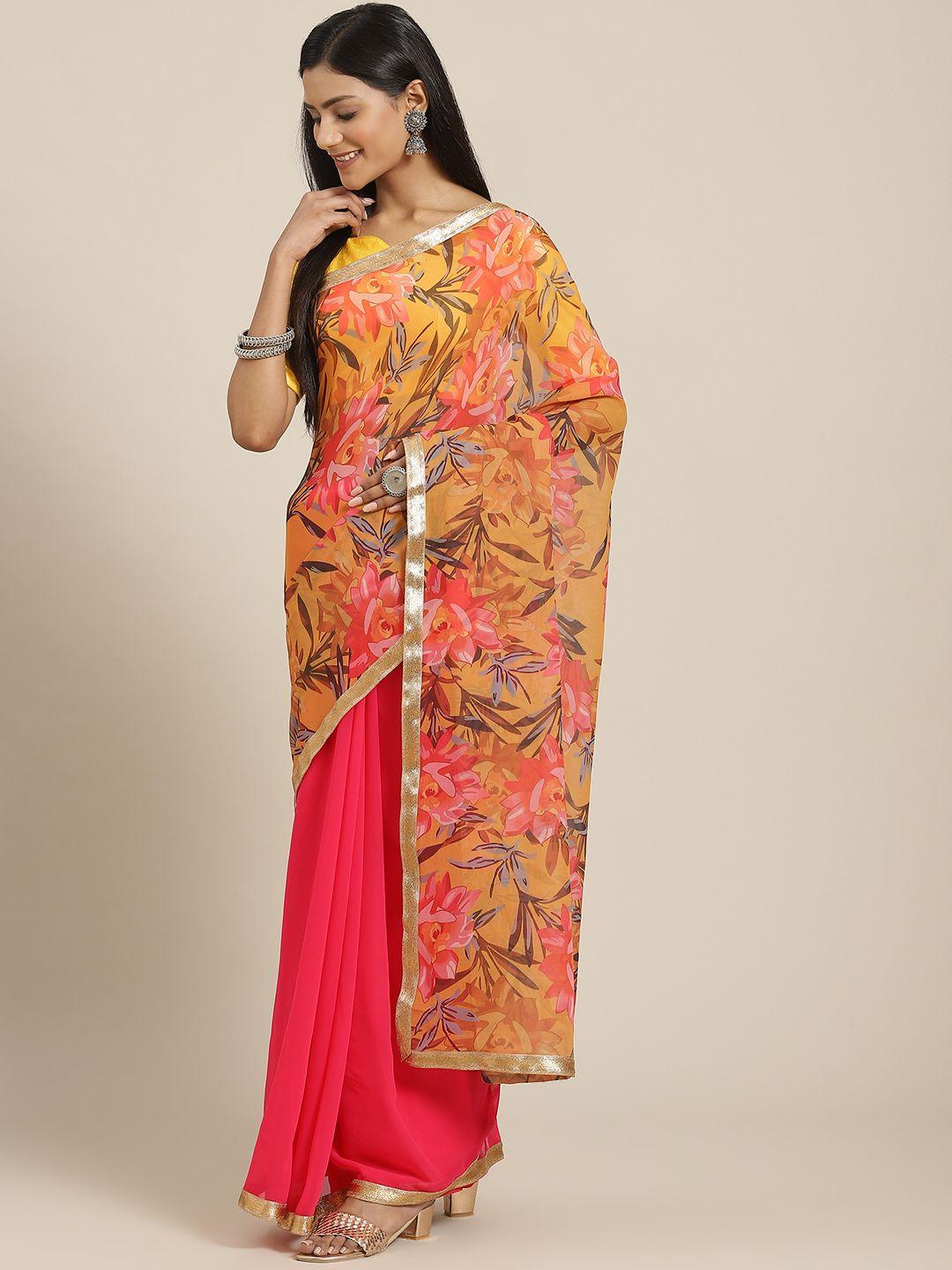 kalista mustard & coral floral zari half and half saree