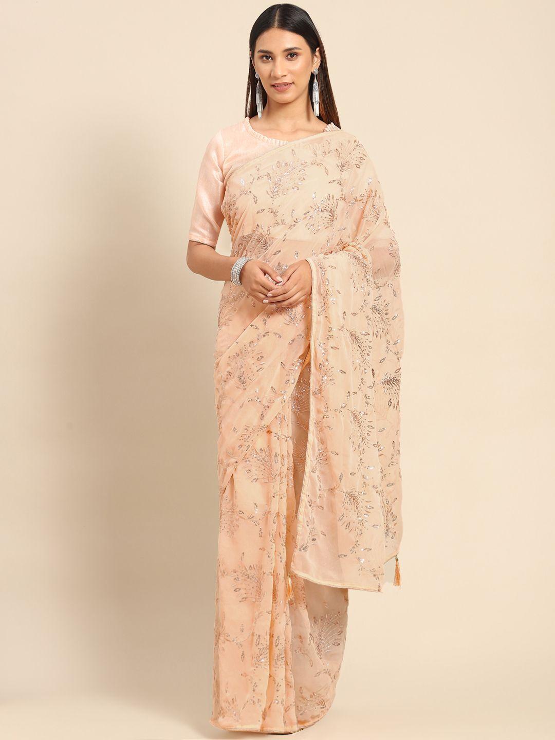 kalista peach-coloured floral sequinned saree