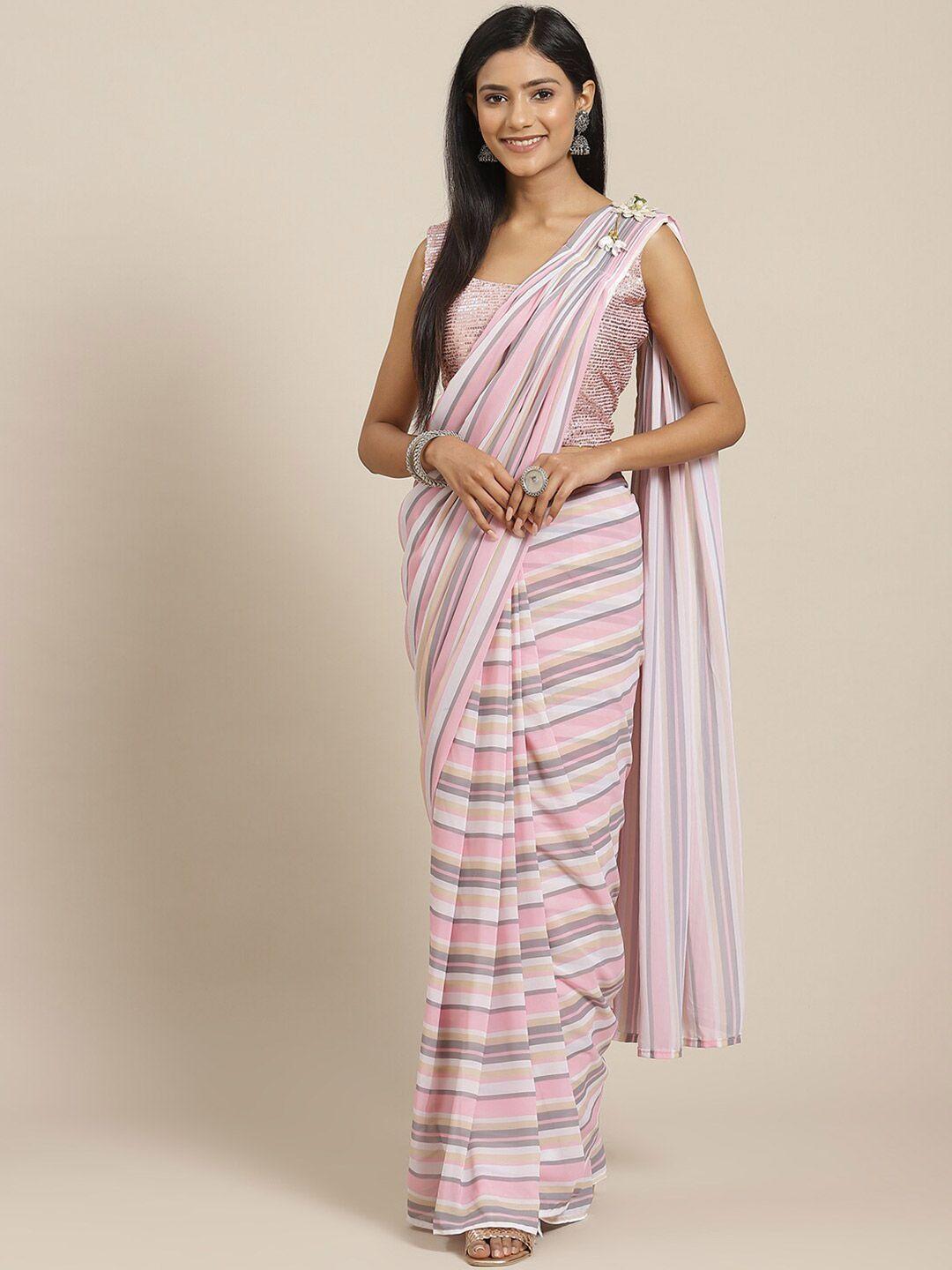 kalista pink & off white striped pure georgette saree