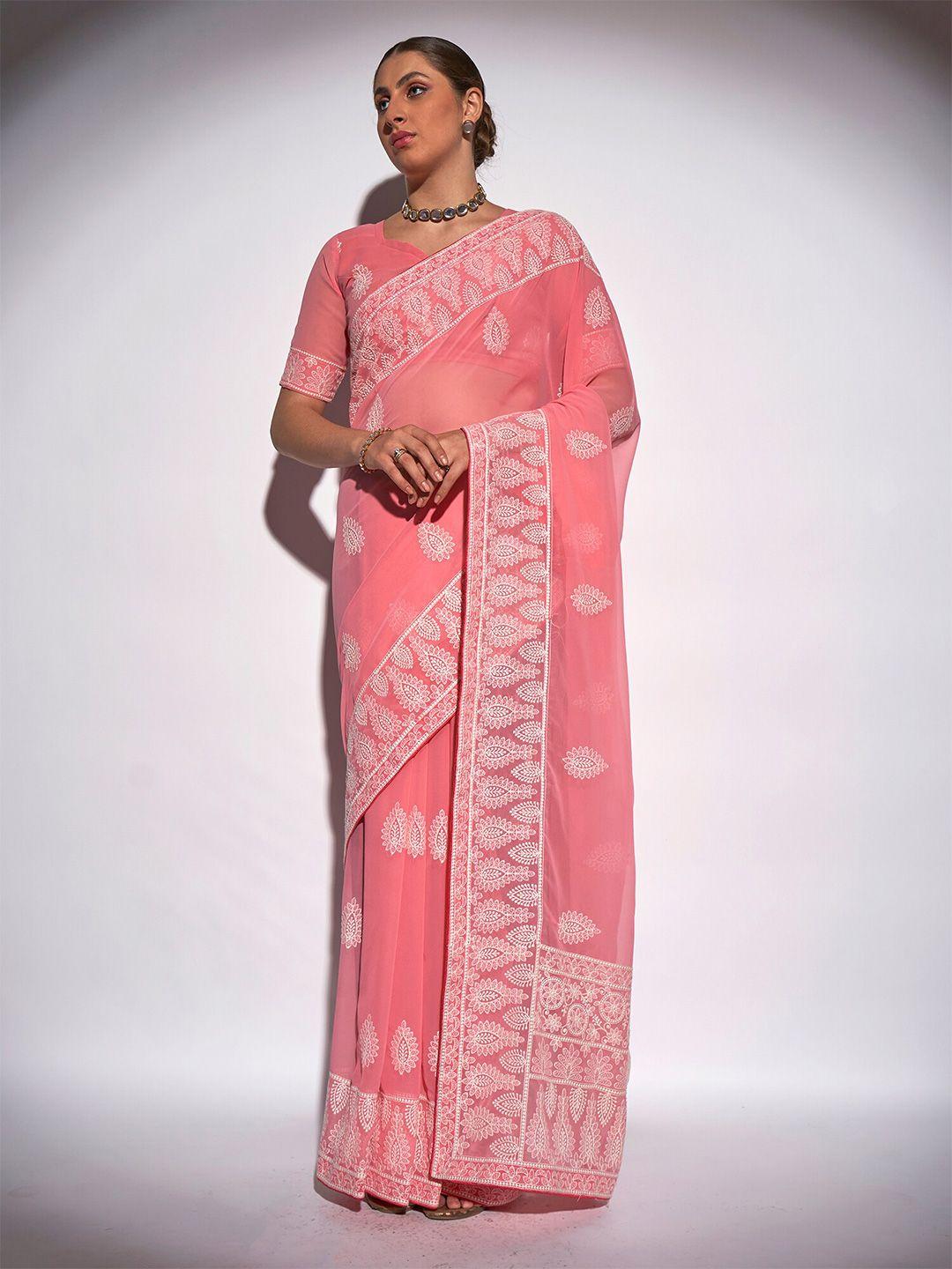 kalista pink & white ethnic motifs embroidered pure georgette saree