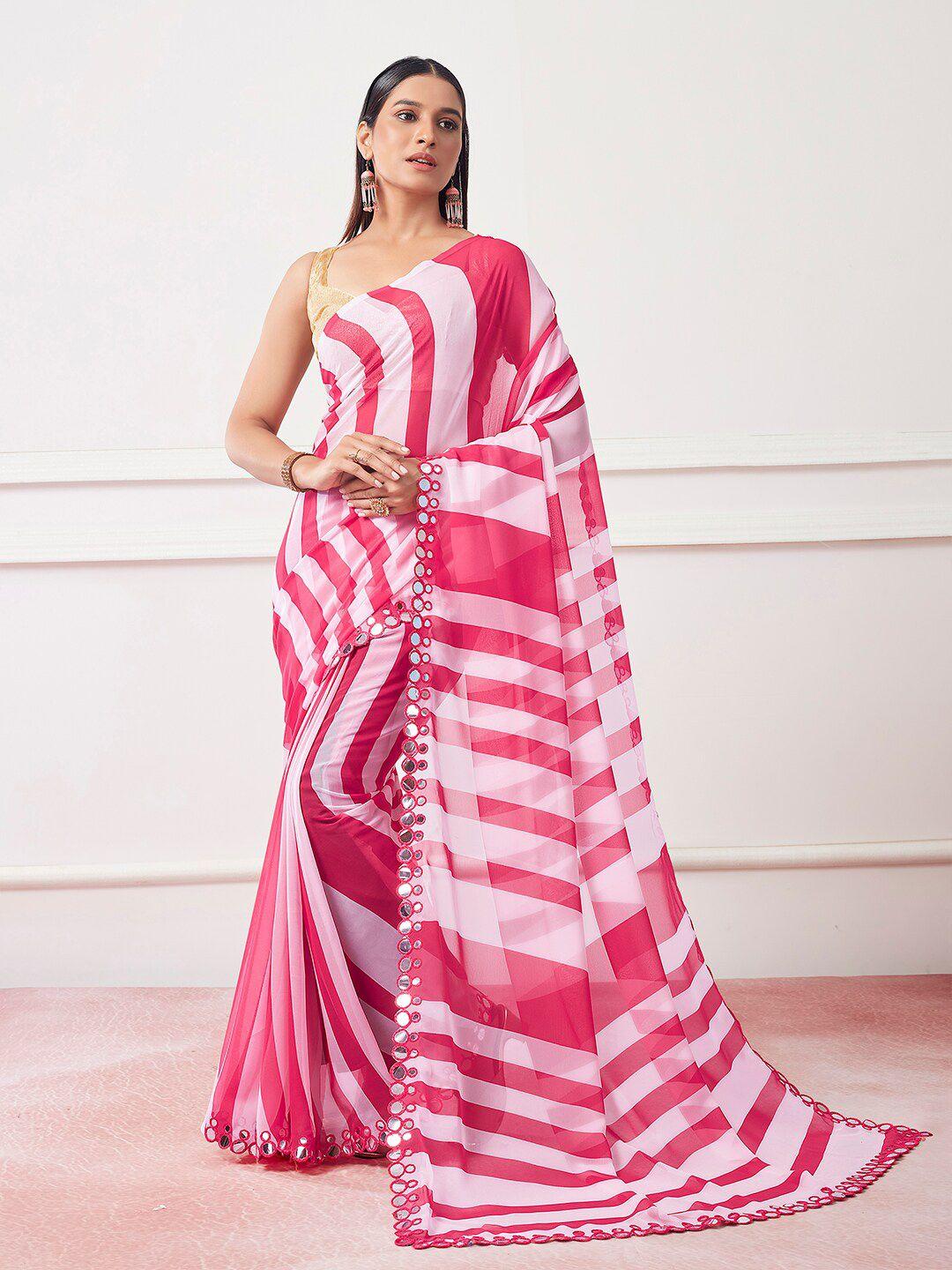 kalista pink striped mirror work detailed pure georgette saree