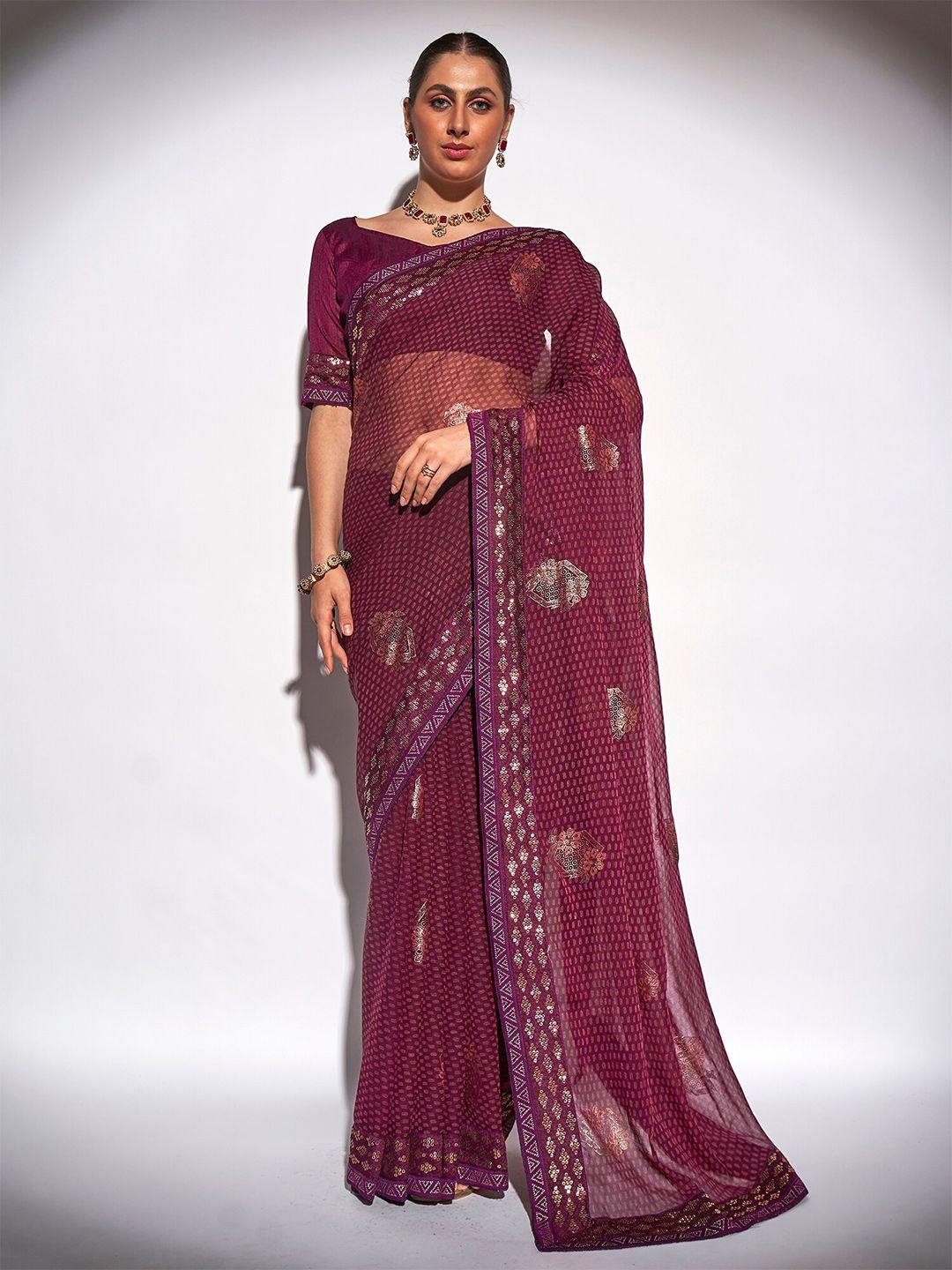 kalista purple & gold-toned ethnic motifs foil printed embellished border georgette saree