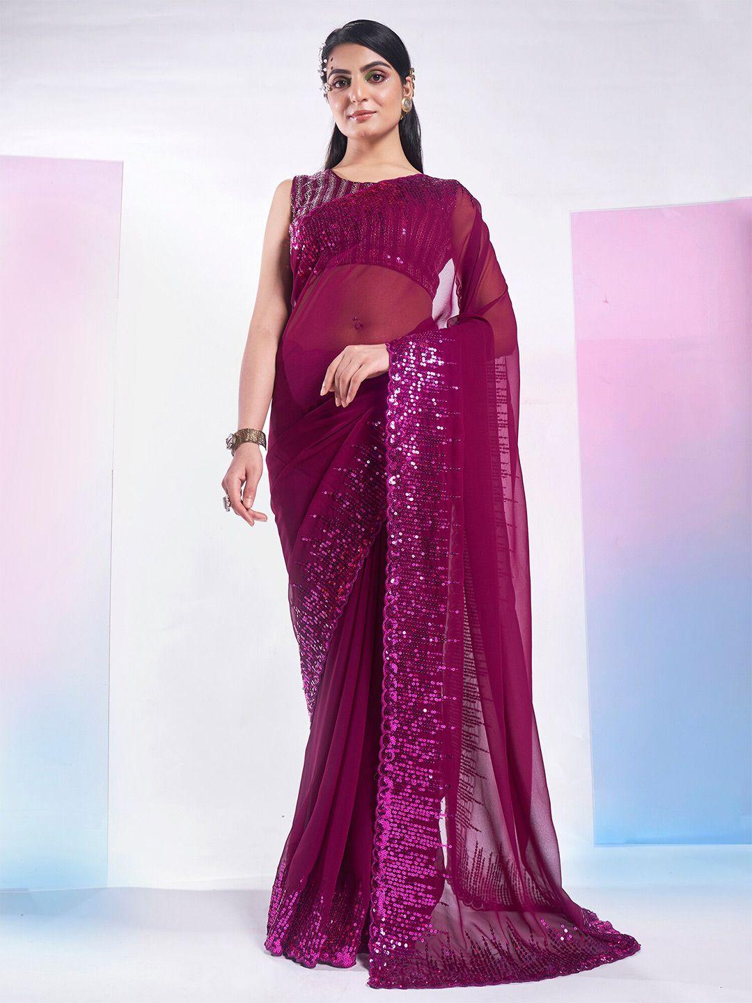 kalista purple & silver-toned embellished sequinned pure georgette saree