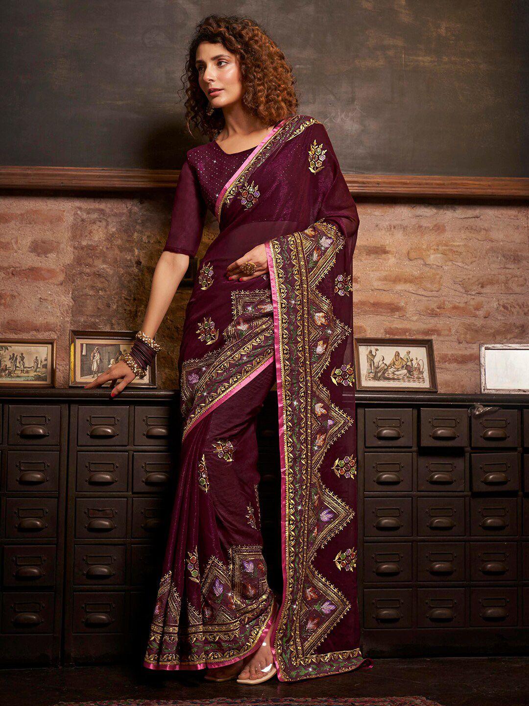 kalista purple embellished embroidered pure chiffon designer saree