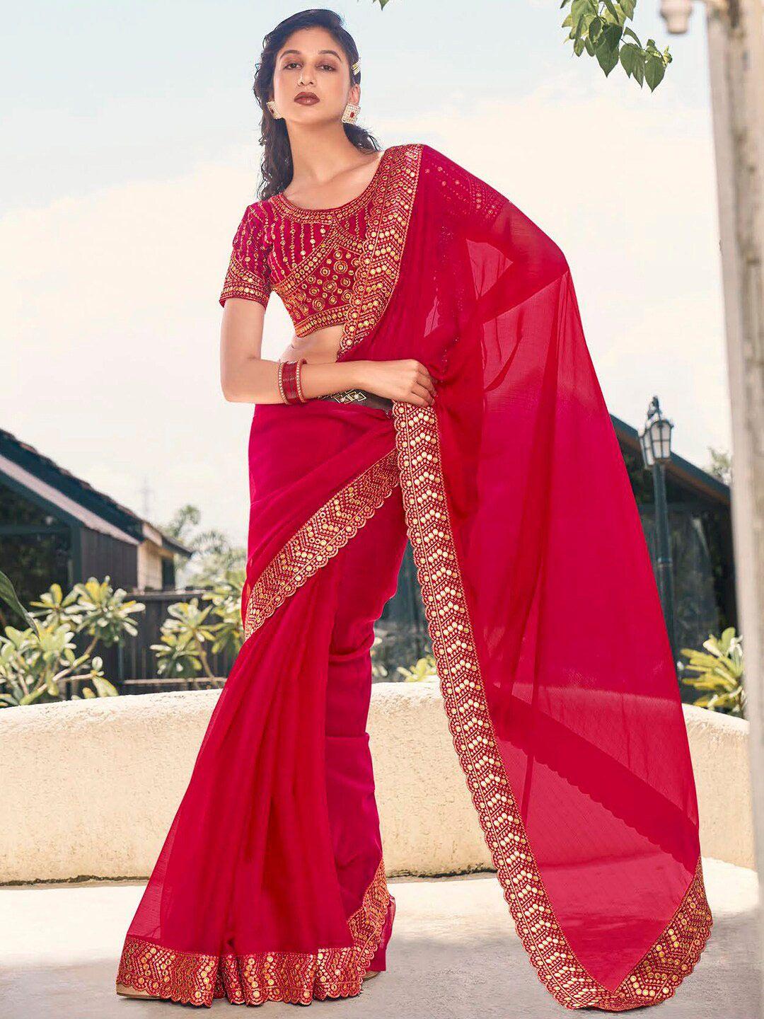 kalista red embellished embroidered pure chiffon saree