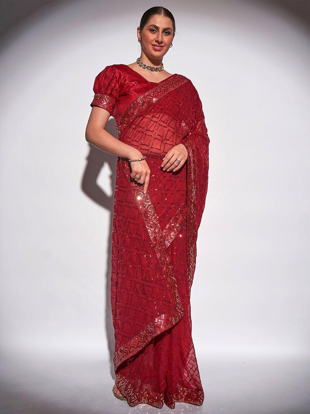 kalista red embellished sequinned pure georgette saree