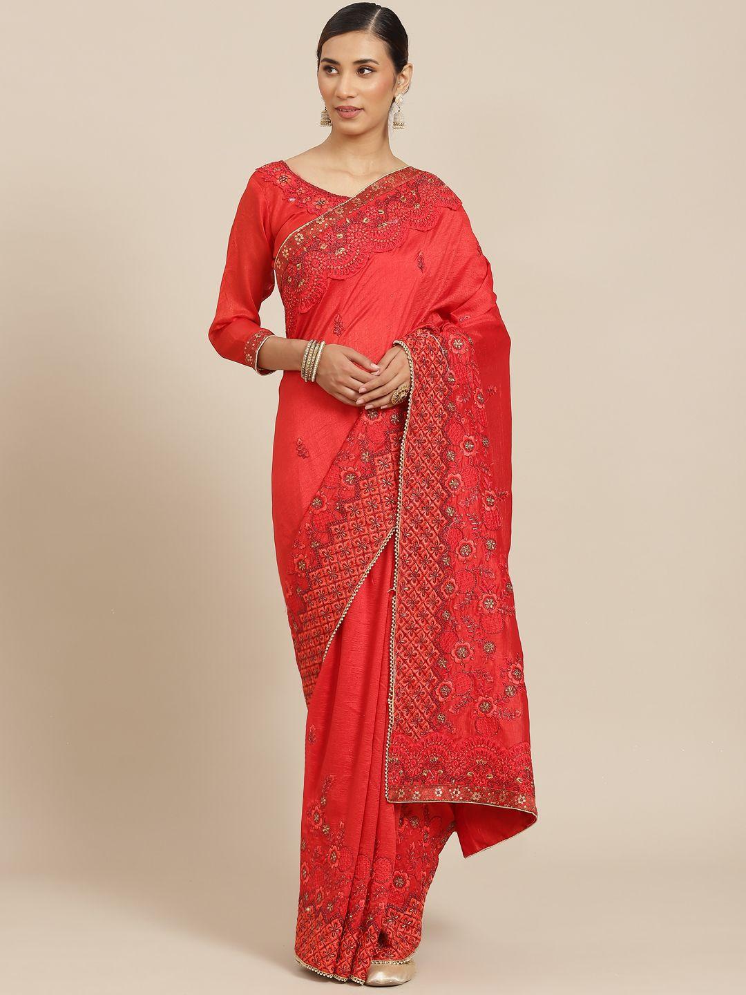 kalista red floral embroidered saree