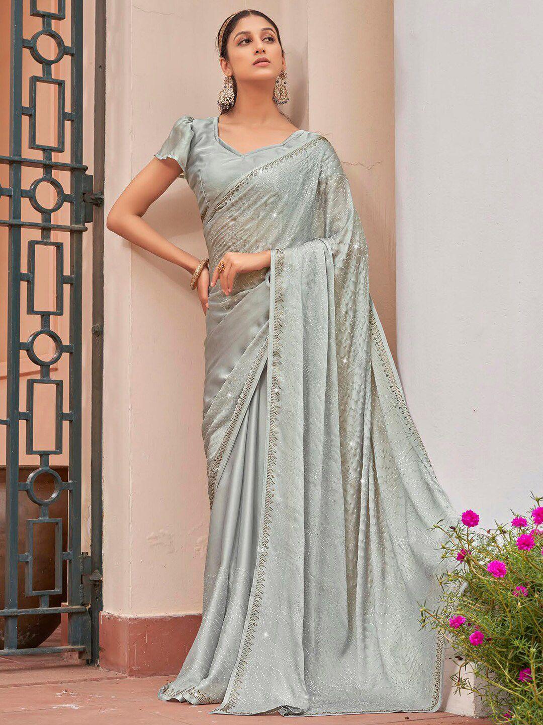 kalista silver-toned embellished beads and stones satin designer saree
