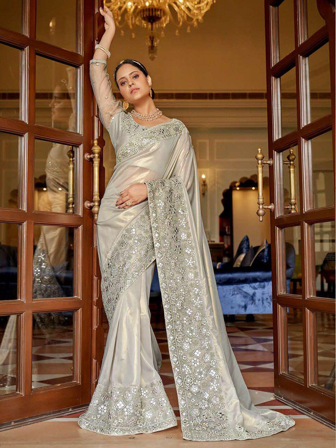 kalista silver-toned embellished embroidered organza designer saree