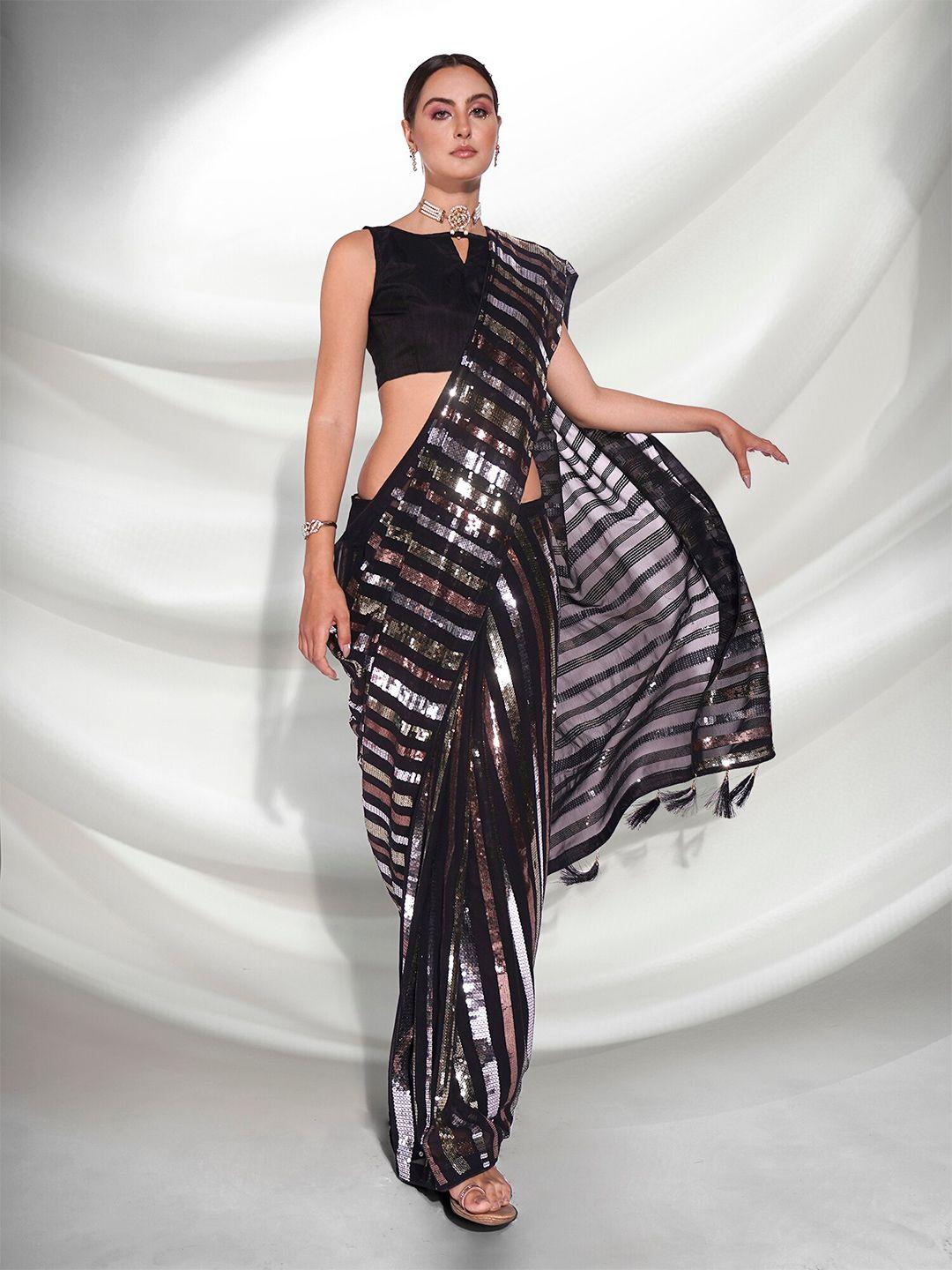 kalista striped embellished sequinned pure georgette saree