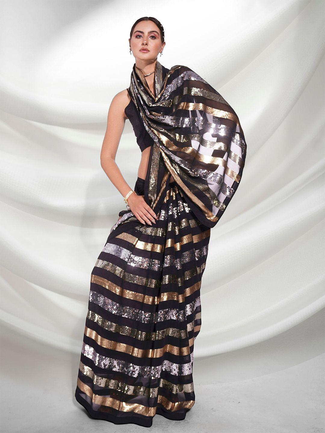kalista striped embellished sequinned pure georgette saree