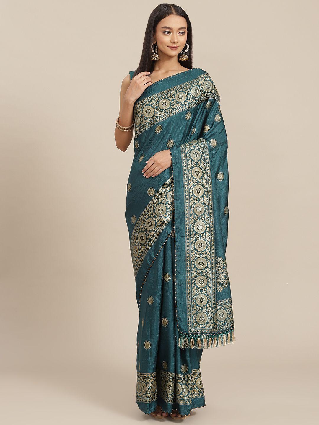 kalista teal & beige ethnic motifs saree