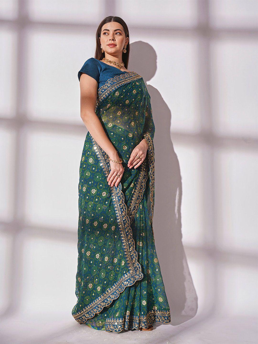 kalista teal & cream-coloured bandhani printed sequined pure georgette saree