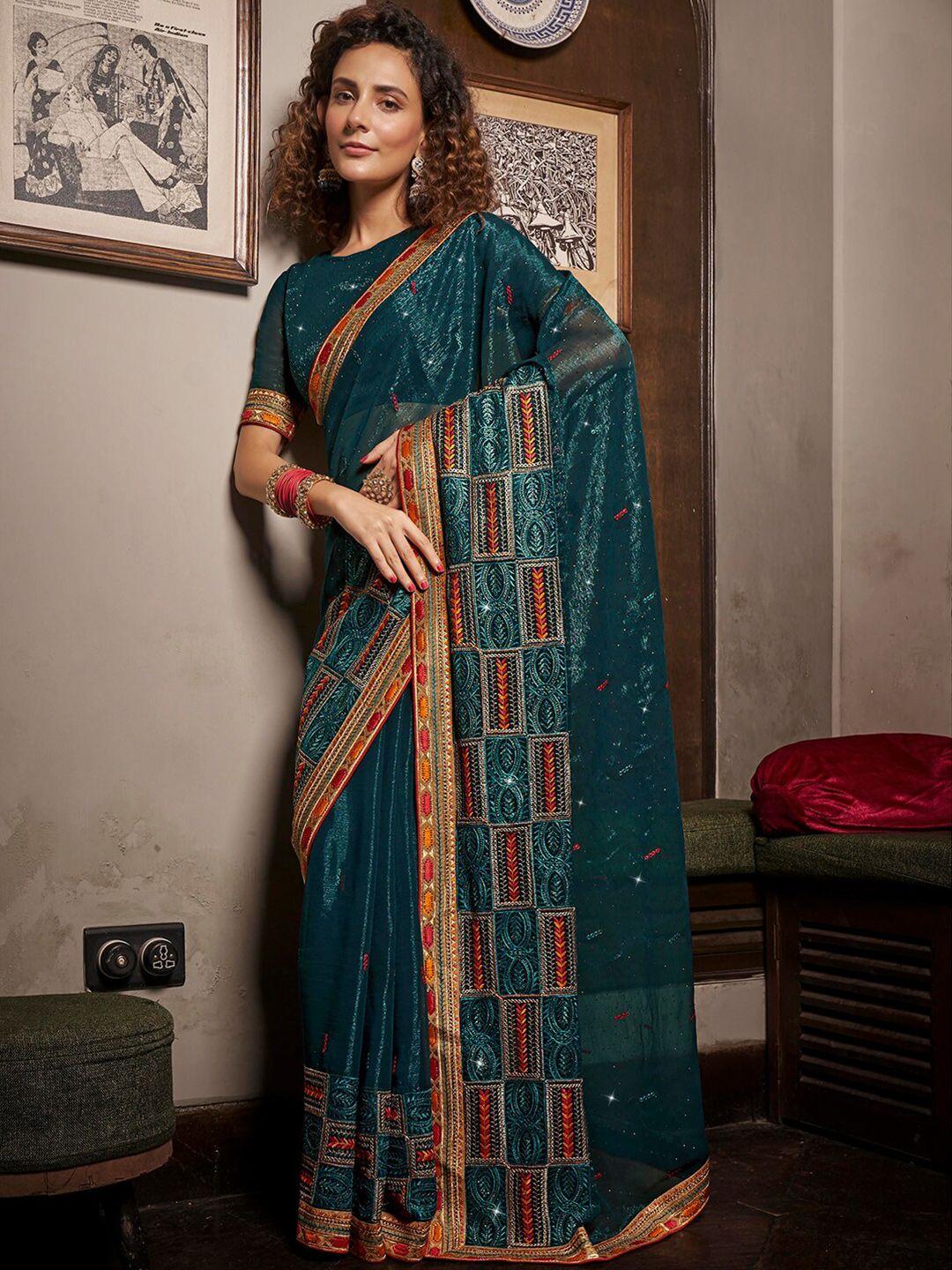 kalista teal embellished embroidered pure chiffon designer saree