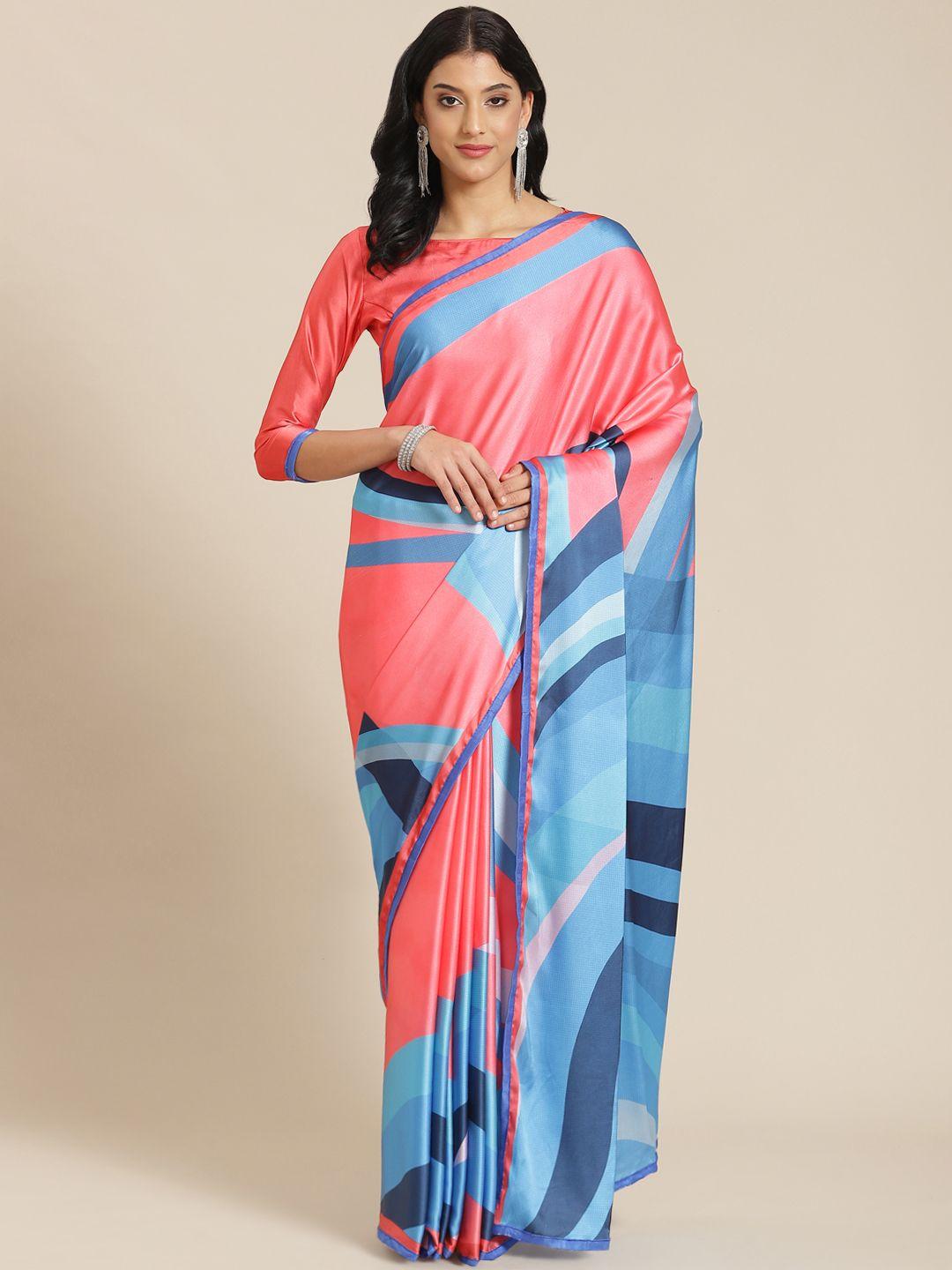 kalista turquoise blue & pink printed saree