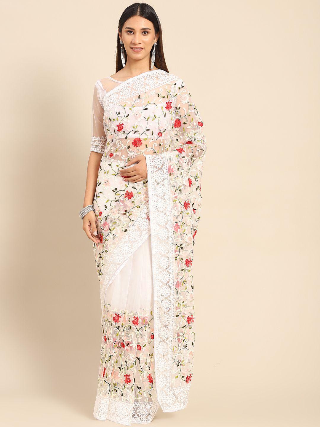 kalista white & red floral embroidered net saree