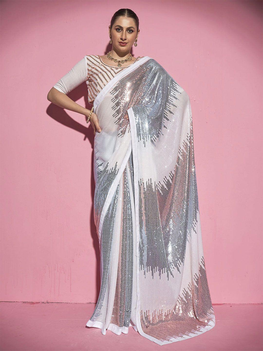 kalista white & silver-toned embellished sequinned pure georgette saree