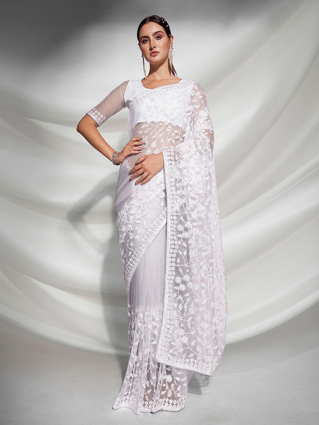 kalista white floral embroidered net saree