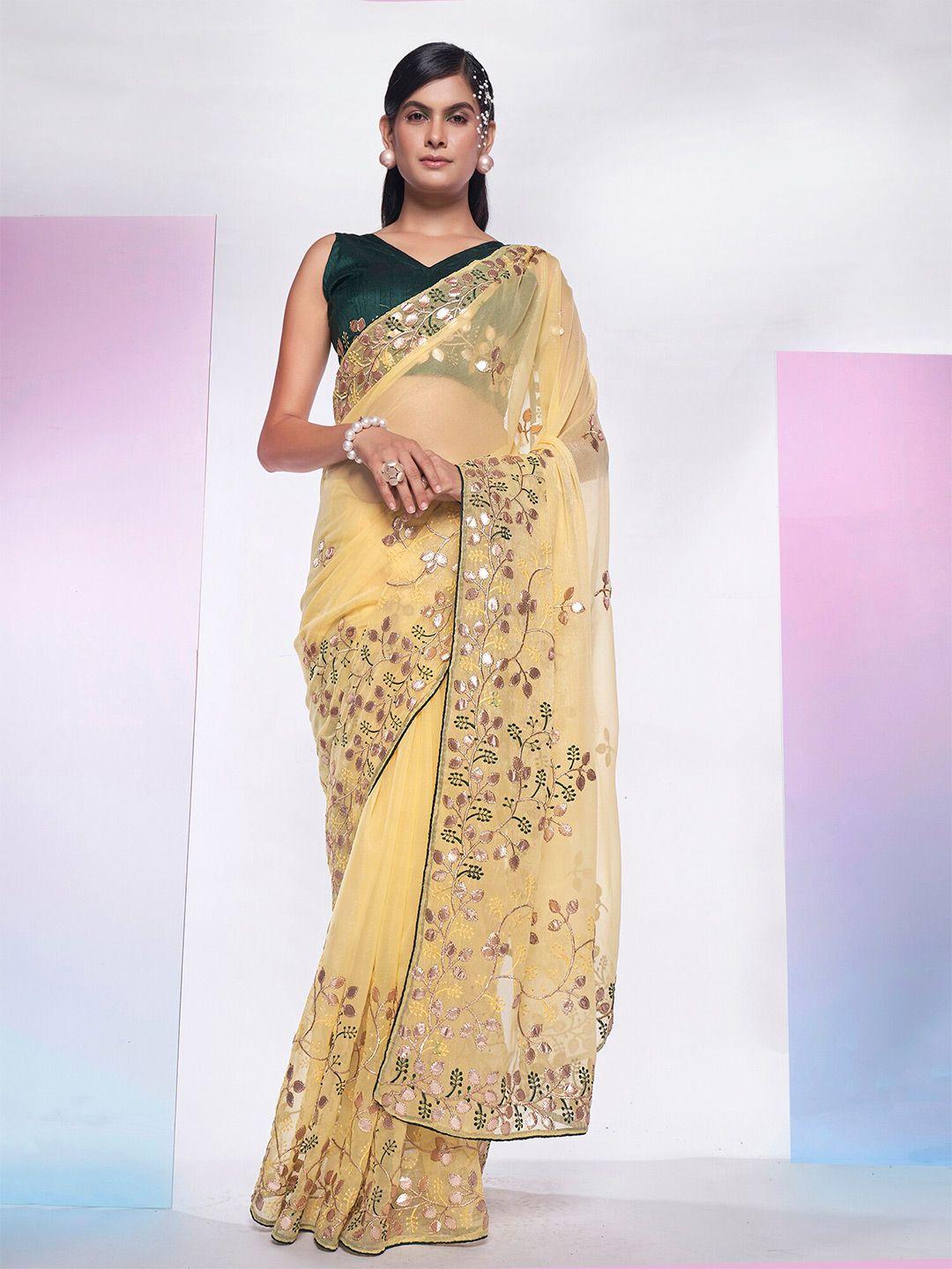 kalista yellow & green embellished embroidered pure georgette saree