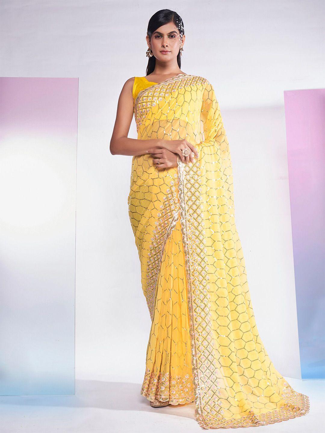 kalista yellow & silver-toned embellished sequinned pure georgette saree