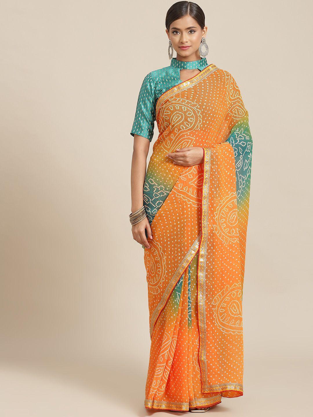 kalista yellow & turquoise blue bandhani zari saree