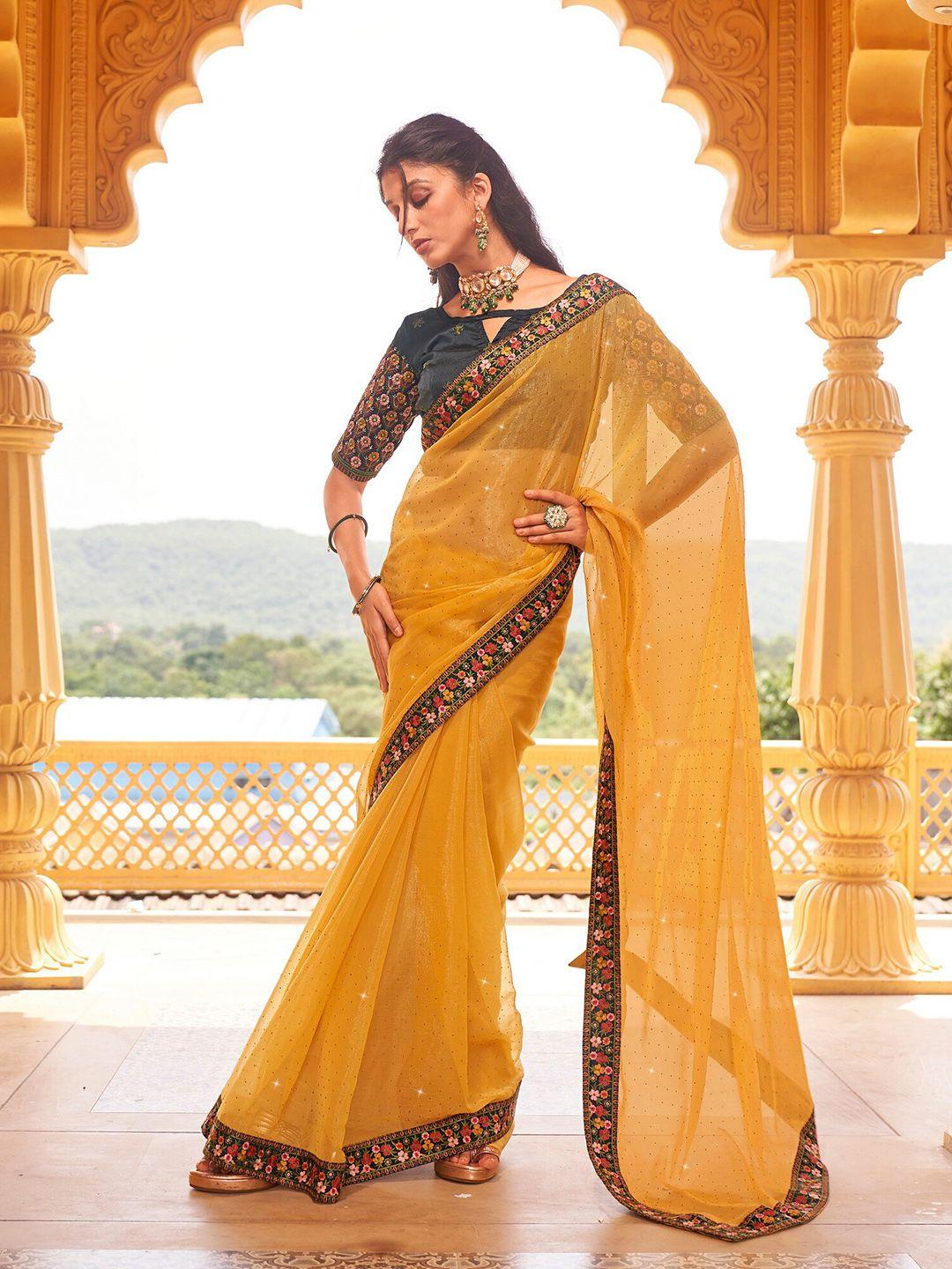 kalista yellow embellished beads and stones pure chiffon designer saree