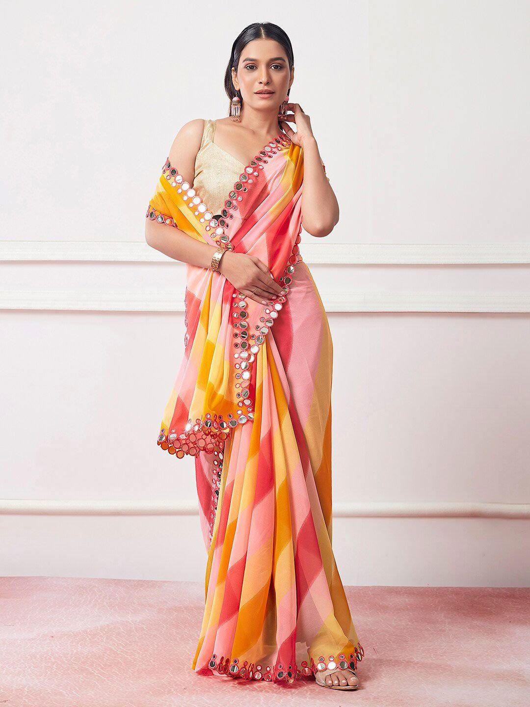 kalista yellow striped mirror work detailed pure georgette saree